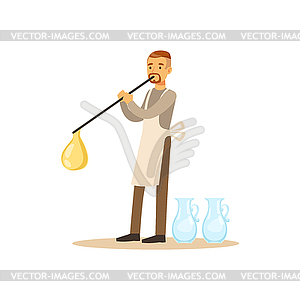 Man blowing glass vessel, glass blower craft hobby - color vector clipart