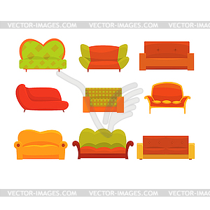 Sofas and armchairs, Interior elements. - vector image