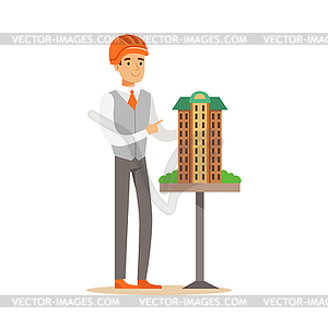 Young architect man in orange safety helmet - vector EPS clipart