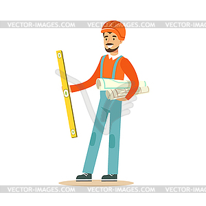 Smiling architect in orange safety helmet standing - vector clipart