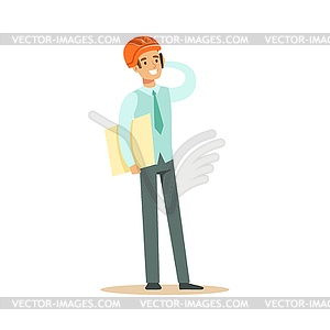 Smiling architect holding projects blueprint and - vector image