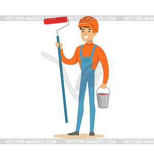 Smiling painter wearing orange safety helmet and - vector image