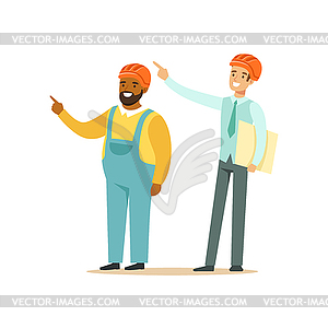 Foreman and architect discussing building project, - vector image