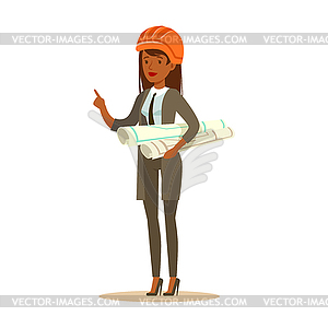 Архитектор женщина в оранжевый шлем безопасности, стоя - векторный клипарт Royalty-Free