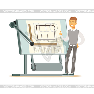 Young smiling architect showing his project - vector clipart