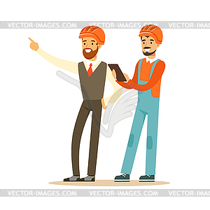 Contractor and architect discussing project, - vector image