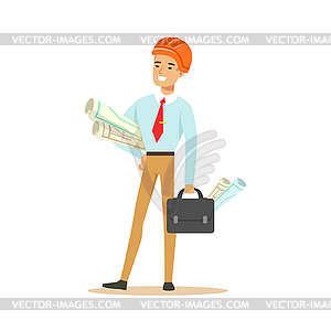 Smiling architect standing and holding project - vector image