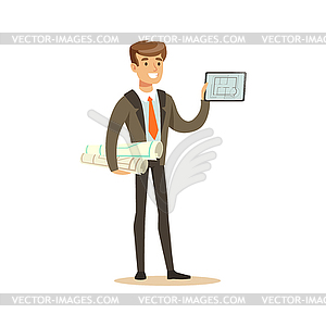 Young smiling architect standing and holding - vector clipart