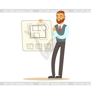 Young architect showing his project blueprint on - stock vector clipart