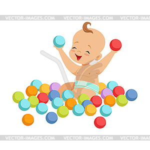 Cute happy baby sitting and playing with - vector clip art