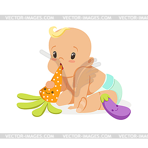 Adorable baby in diaper sitting and playing with - vector image