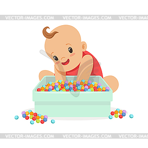 Cute happy baby sitting and playing with box full o - vector clipart