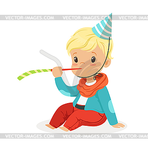 Cute baby boy wearing party hat sitting with party - vector image