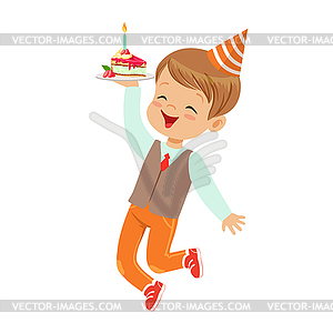 Adorable little boy in elegant clothes and red part - vector image