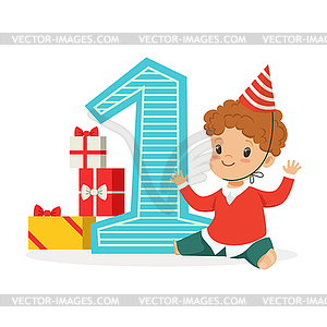 Happy baby boy celebrating his first birthday. - vector image