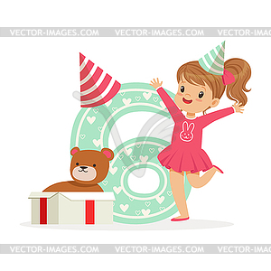 Adorable happy six year old girl in party hat - vector clipart