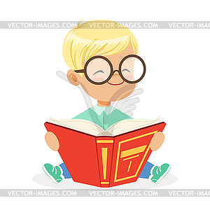 Cute little towheaded boy wearing glasses sitting o - vector clipart