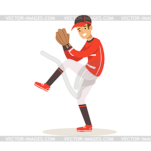 Бейсболист в красной форме качки - иллюстрация в векторе