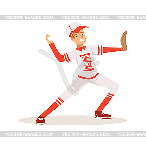 Smiling baseball player in red uniform pitching ball - vector EPS clipart