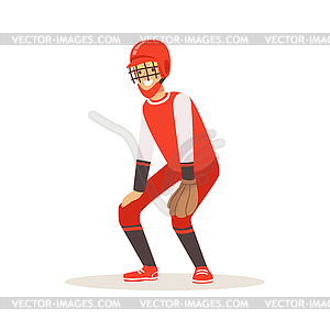 Baseball player in red uniform trying to catch ball - vector image