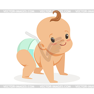 Cute crawling baby in diaper looking up, colorful - vector image