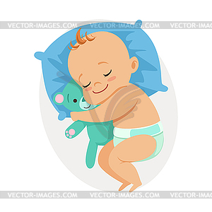 Sweet little baby sleeping in his bed and hugging - vector clip art