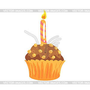 Party cupcake with burning candle cartoon - vector image