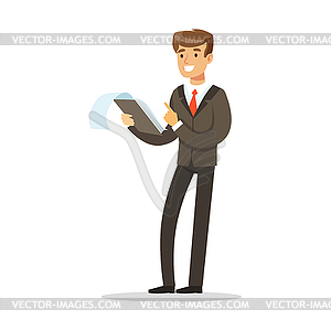 Smiling businessman standing and holding notepad - vector clipart