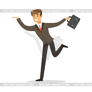 Smiling successful businessman running with his - vector clip art