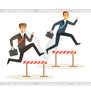 Two businessmen racing over hurdle obstacles, - vector image