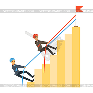 Two businessmen climbing bar graph of success, - vector clip art