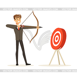 Cheerful businessman aiming target with bow and - vector clipart / vector image