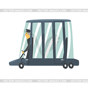 Black cartoon limousine car with driver - vector image