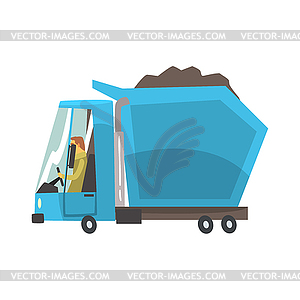 Blue heavy duty dump truck with coal, freight - vector clipart