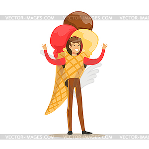 Man wearing ice cream cone costume, puppets food - vector clip art