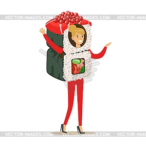 Smiling woman wearing sushi roll costume, - vector clipart