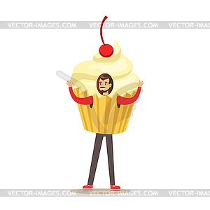 Smiling man wearing cupcake costume, puppets food - vector image