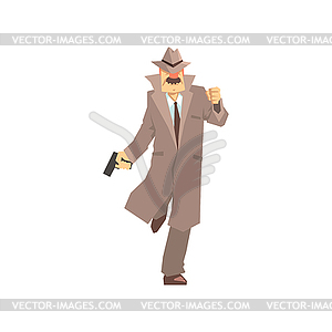 Detective character running with gun. Private - vector clipart