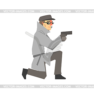 Detective character in gray coat aiming gun knees, - vector clipart