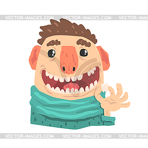 Patient of dentist cartoon character holding tooth - vector clipart / vector image