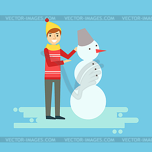 Smiling boy making snowman. Winter activity colorfu - vector image