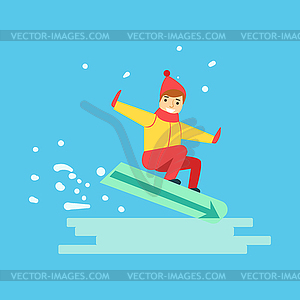 Happy boy snowboarder sliding down hill. Winter - vector clipart