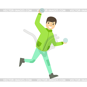 Smiling boy playing with snowballs. Winter - vector clipart