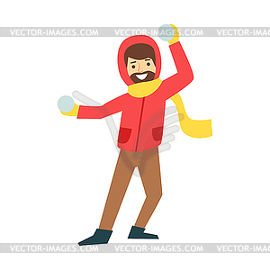 Happy man enjoy playing with snowballs. Winter - vector image