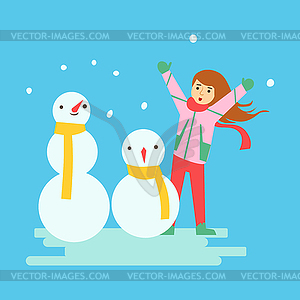 Happy girl making snowmen. Winter activity - vector clipart