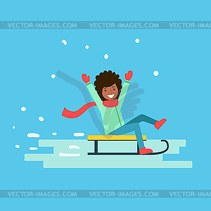 Smiling girl enjoying sleigh ride. Winter activity - vector image