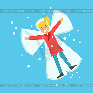 Happy girl having fun while making snow angel - vector clip art