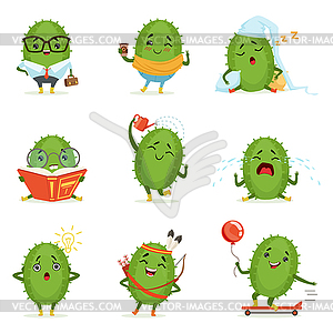 Cute cactus cartoon characters set, cacti activitie - vector clip art