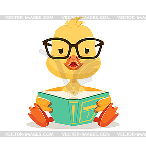 Little yellow duck chick in glasses sitting and - vector image