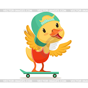 Little yellow duck chick in blue cap - vector clipart